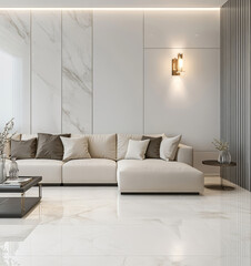 a neutral modern living room with a soft cream sectional sofa, pale marble floors, and an elegant wall sconce for ambient light