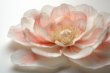 Intricate paper flower, delicate petals in soft peach and cream shades, showcasing exquisite craftsmanship.