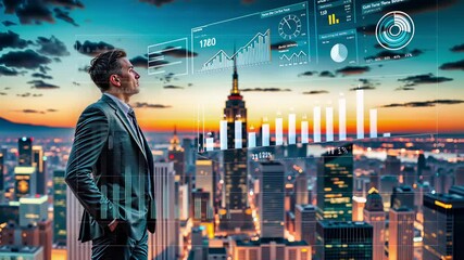 Businessman observing digital data analytics dashboard against urban skyline at sunset. Financial metrics visualization with growth charts floating above metropolitan cityscape. Business intelligence - Powered by Adobe