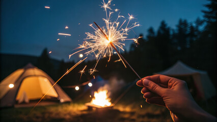 Backyard camping activity, Sparkler held near tents and a campfire at night.