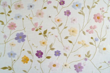 Delicate pastel embroidered flowers on a light beige fabric, creating a soft and elegant floral pattern.