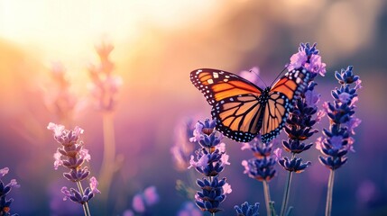 Monarch Butterfly on Lavender at Sunset