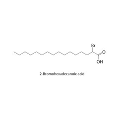 2-Bromohexadecanoic acid skeletal structure. Carboxylic acid compound schematic illustration. Simple diagram, chemical formula.
