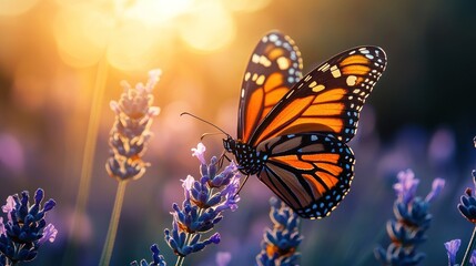Fototapeta premium Monarch Butterfly Feeding on Lavender at Sunset