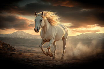 Obraz premium graceful white horse with a silky long mane running at full speed along a rugged mountain ridge, mane and tail streaming in the wind, the sky ablaze with orange and purple sunset light