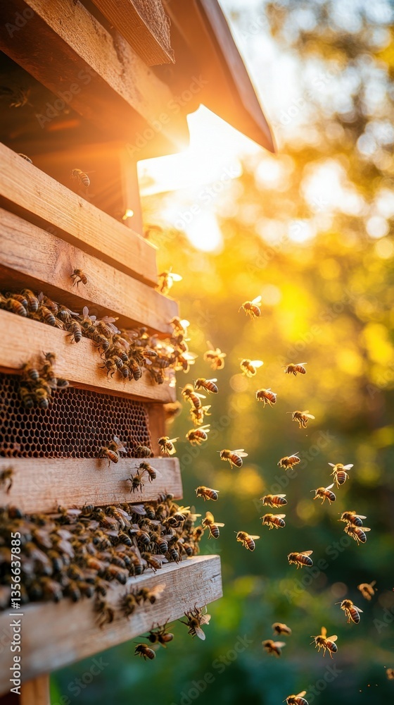 Poster dynamic beehive scene with honeybees in flight capturing the essence of apiculture with golden light