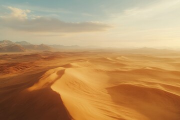 Fototapeta premium Aerial view of sand dunes in a desert landscape with mountains and sky at the horizon under sunlight