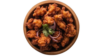 a bowl of crispy fried pakoras garnished with cilantro and onions