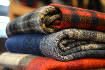 Stack of cozy plaid blankets, perfect for a chilly evening. Soft textures and warm colors.