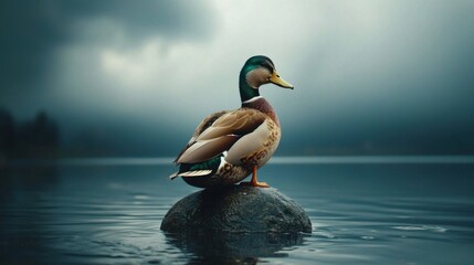 Fototapeta premium Birds and animals in wildlife concept. Stunning mallard duck bird portrait stay on stone, duck on river blue water at sunny landscape. Perspective of funny female duck bird and dark lake background.