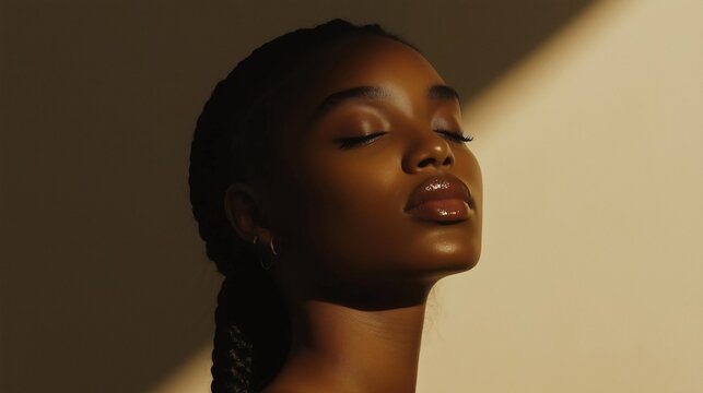 Close-up portrait of a young african-american woman's face. she is facing away from the camera, with her eyes closed and her head tilted slightly to the side.