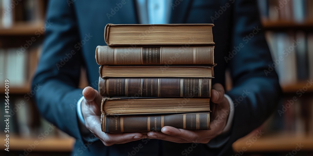 Poster stack of vintage books held by a person in a suit in a library setting
