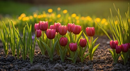 A vibrant garden with colorful wildflowers sprouting from the soil, bathed in golden sunlight, AI Generated