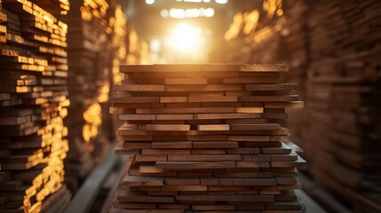 Stacked wooden planks illuminated by warm sunlight in lumber storage facility