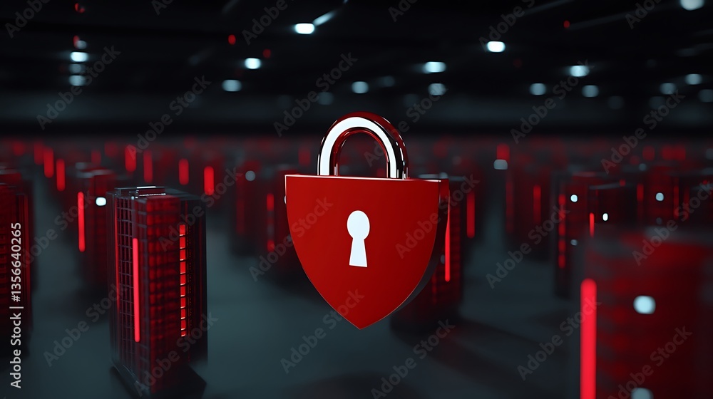 Poster 3d illustration of a red shield with a lock symbol surrounded by rows of server racks in a dark envi