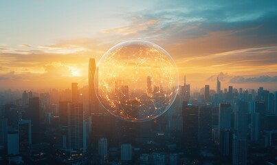 Futuristic city skyline with glowing digital globe representing global connectivity