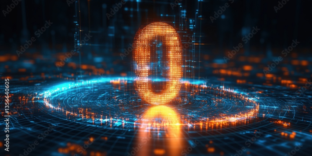 Poster digital lock symbol glowing in futuristic cyber environment with data streams