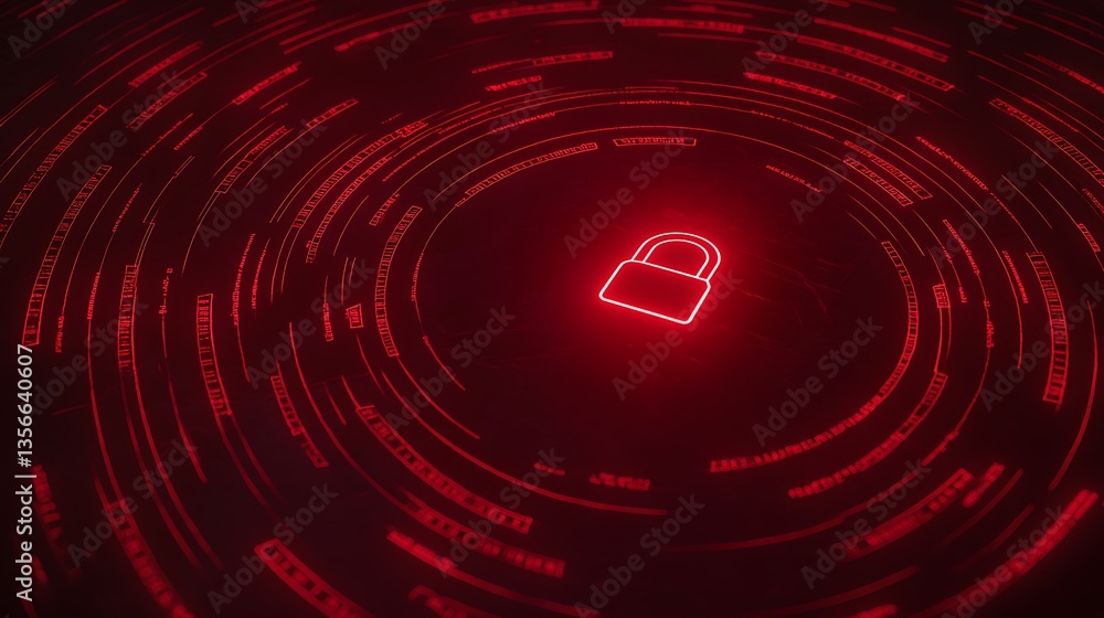 Poster abstract digital lock icon enveloped by circular data streams in fiery red glow for cybersecurity co
