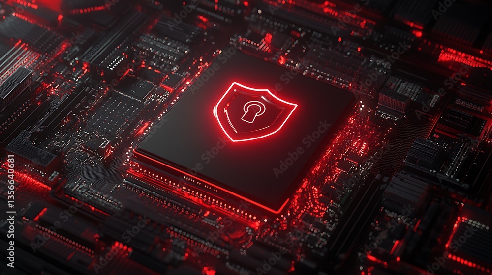 Poster abstract computer chip with glowing shield symbol representing digital security and network protecti