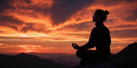 Silhouette Meditation Sunset Solitary figure in profile sits in lotus position on rocky outcrop against spectacular sunset sky. Deep oranges