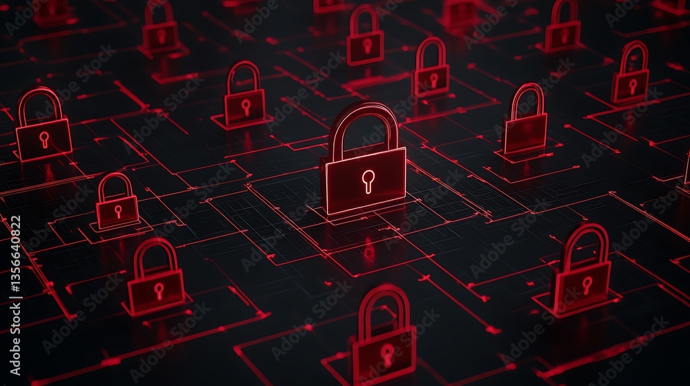 Poster abstract digital security concept with red lock symbols on a dark background representing cyber prot