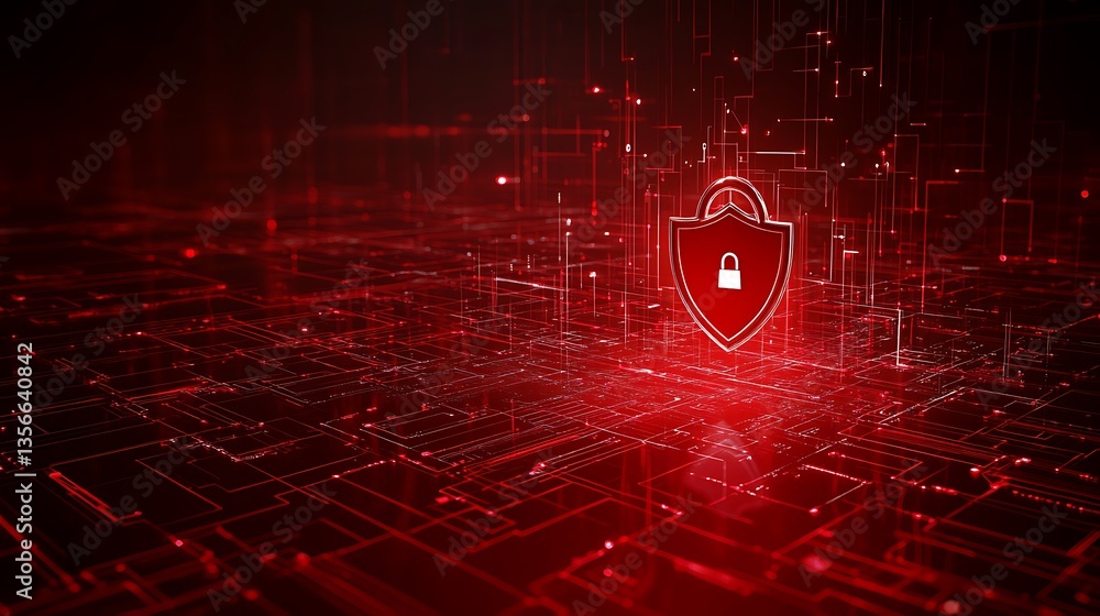 Poster abstract digital security concept with shield and padlock against glowing data network in red tones