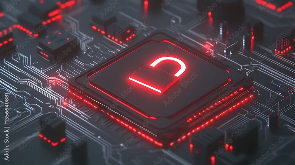 Poster abstract futuristic technology circuit board with glowing red elements and central processing unit i