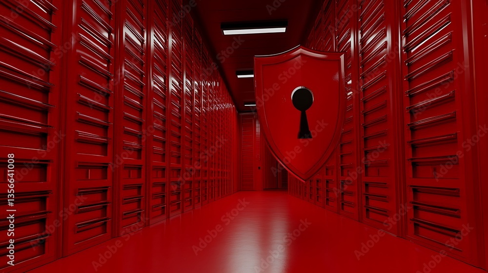 Poster abstract red corridor with shield symbolizing security and protection in a futuristic environment