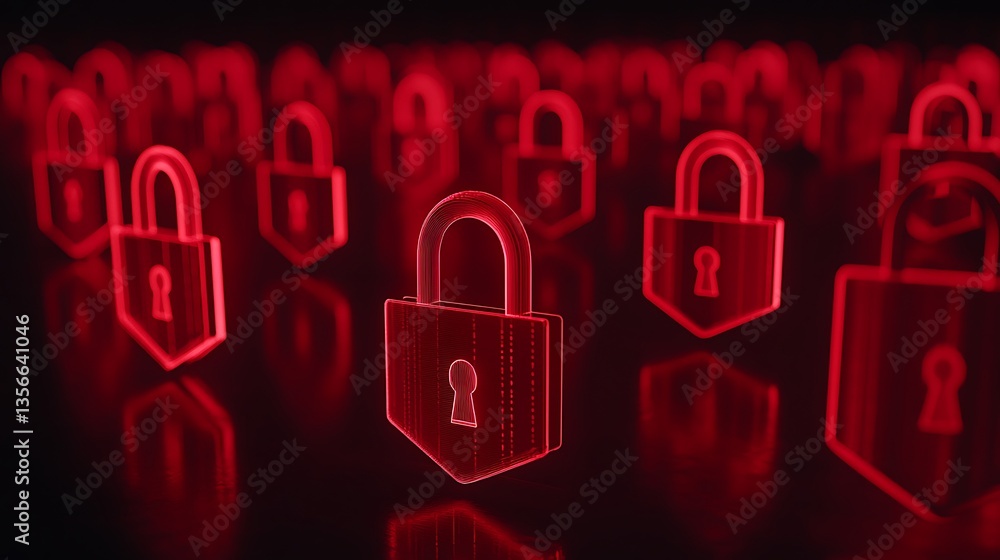 Poster abstract red digital lock icons with glowing effect representing data security and protection concep