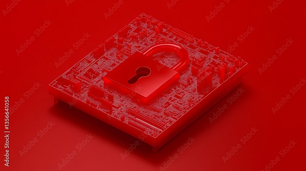 Poster abstract red digital lock on circuit board background representing cybersecurity and data protection