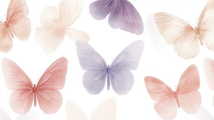 Seamless pattern of multiple butterflies in different colors. the butterflies are arranged in a repeating pattern on a white background.