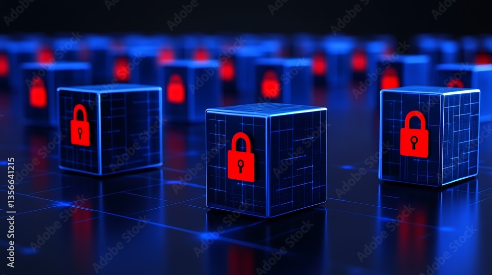 Poster advanced technology concept of cybersecurity with blocks representing data protection and digital lo
