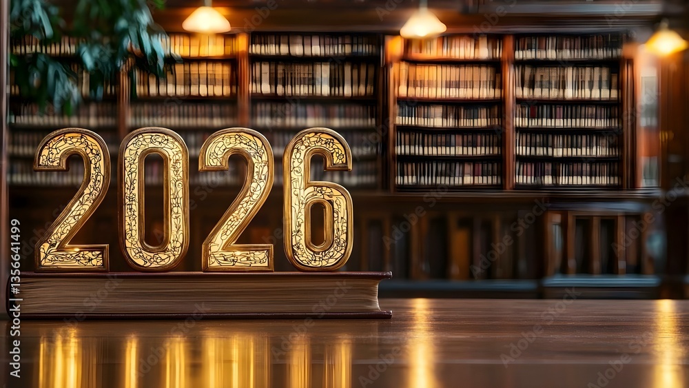 Poster a decorative display of the year 2026 in a library setting with shelves filled with books in the bac