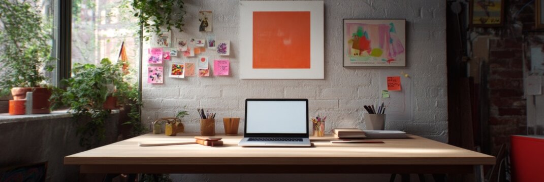 Inspiring workspace with artistic decor and greenery for creative productivity