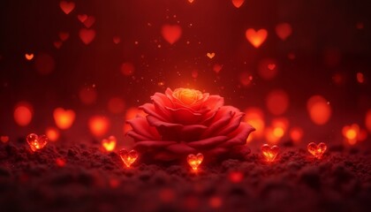 a red rose flower on a dark background with hearts, an abstract dark backdrop for the Valentine's Day celebration