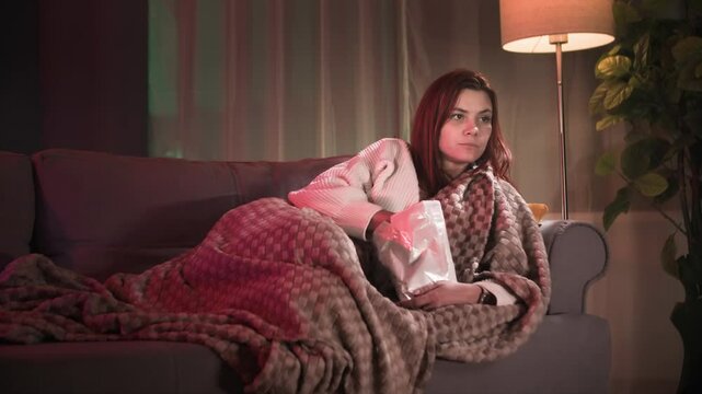 beautiful red-haired woman switching tv channels, eating potato chips