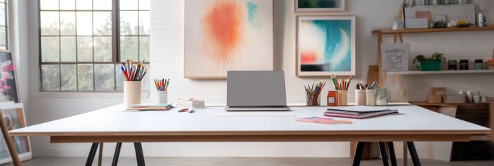 Creative workspace with motivational art in bright office