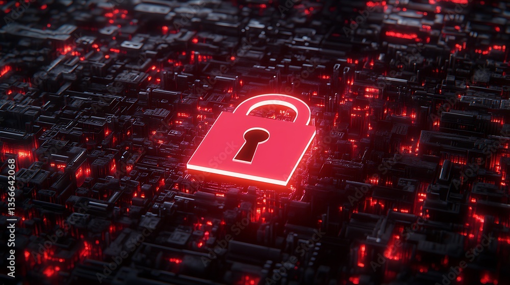 Aufkleber bright red digital lock symbol on a dark cyber background representing data security and privacy pro