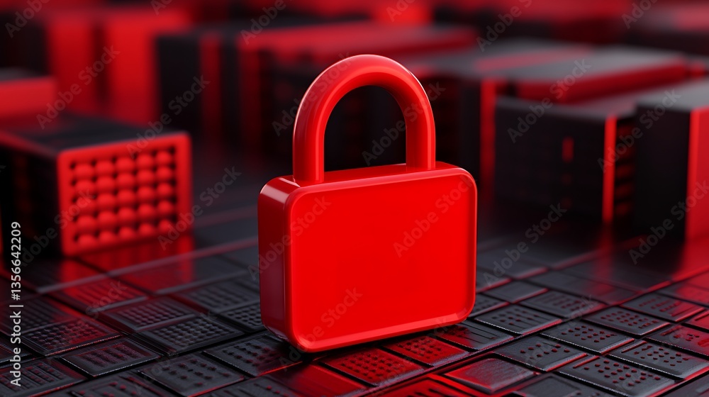 Poster bright red lock on a futuristic digital background with abstract shapes and patterns in bold colors