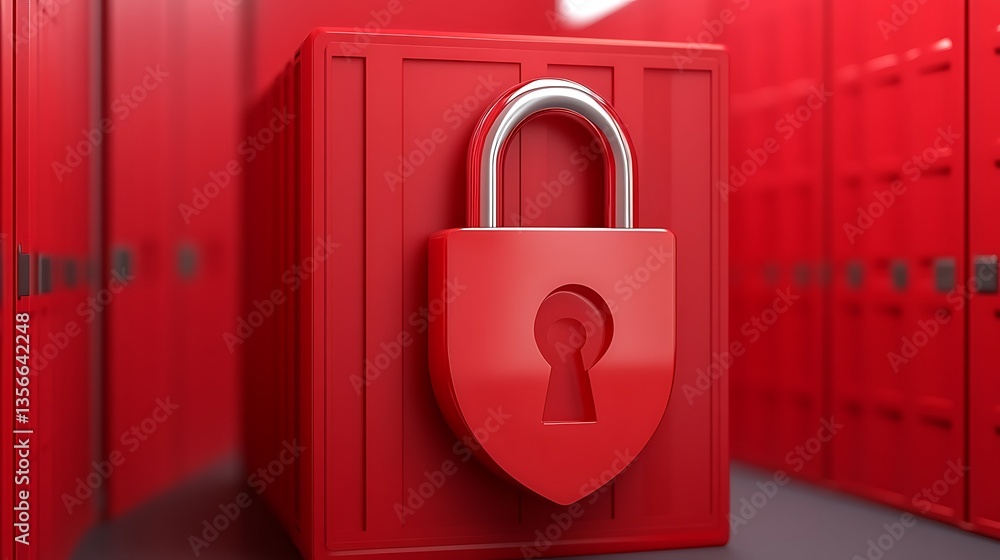 Poster bright red lock with keyhole on storage locker door in secure vault environment
