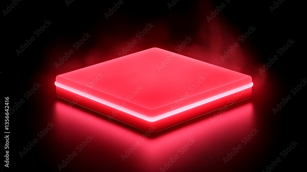 Poster bright red neon square with glowing edges surrounded by mist in dark background for modern abstract 