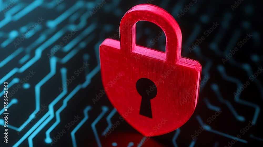 Poster bright red padlock symbol on a circuit board background representing cybersecurity and data protecti