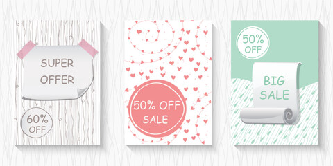 Big sale banner set. Special offer price label design. Super Sale promotion banner template. Doodle background. Vector Illustration