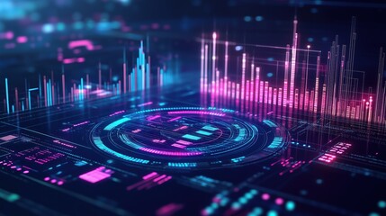 Futuristic data visualization with vibrant neon colors and complex graphs