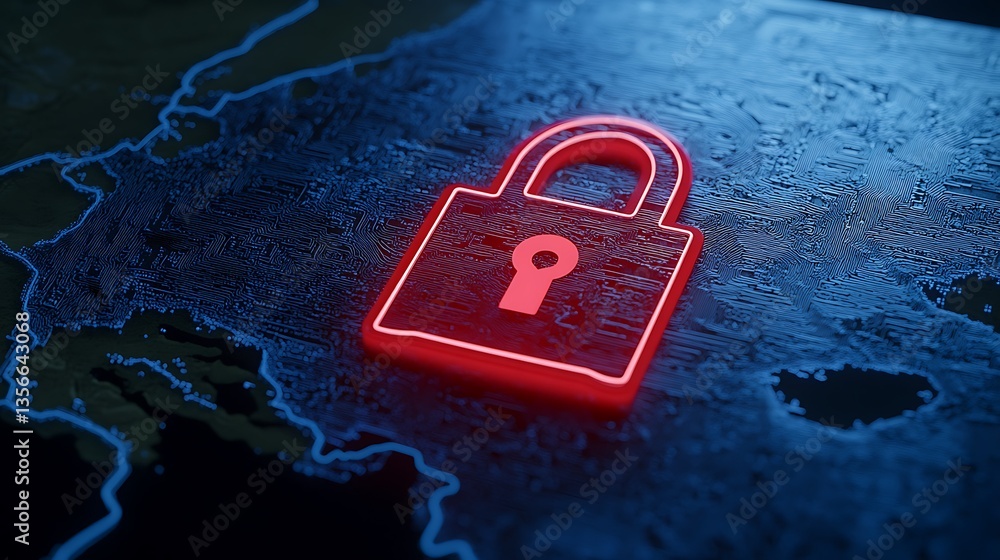 Poster bright red security lock symbol on abstract digital background representing cybersecurity and data p
