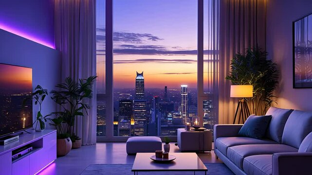 Modern luxury apartment interior with panoramic city view at sunset and ambient purple lighting in cozy living room

