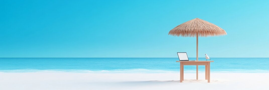 Tranquil beach office vibes with laptop and wooden table
