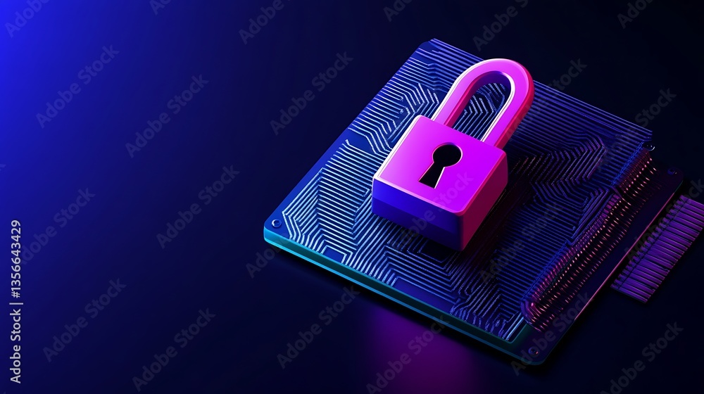 Poster colorful lock symbol on a circuit board representing data security and digital protection concepts