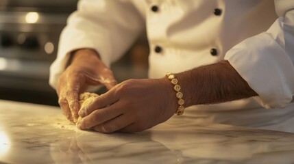 Chef kneading dough with charm bracelet.