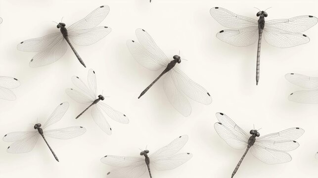 Seamless pattern of multiple dragonflies on a white background. the dragonflies are arranged in a repeating pattern, with each dragonfly facing towards the left side of the image.
